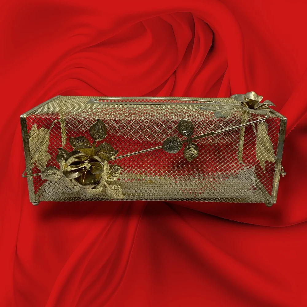 Vtg Hollywood Regency Gold Metal Mesh Tissue Box Cover Holder Floral Roses MCM
